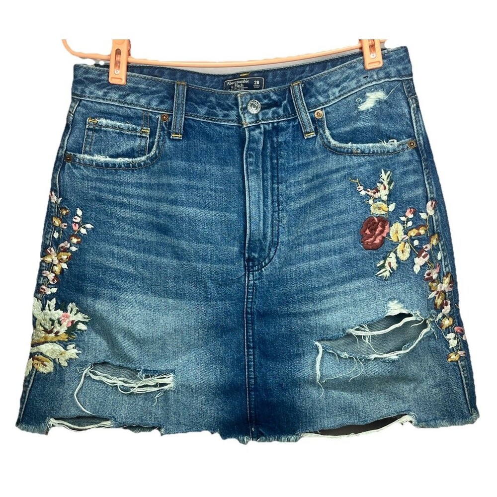 Abercrombie & Fitch Women’s 28 Denim Skirt Embroidered Boho Festival Distressed